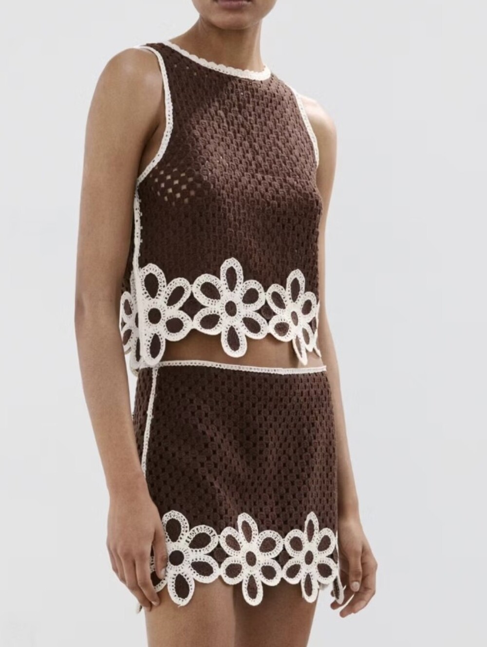 Brown Crochet Flower-Trim Two Piece Set